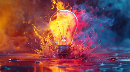 Artistic depiction of an illuminated light bulb exploding in vibrant colors, symbolizing creative ideasの素材