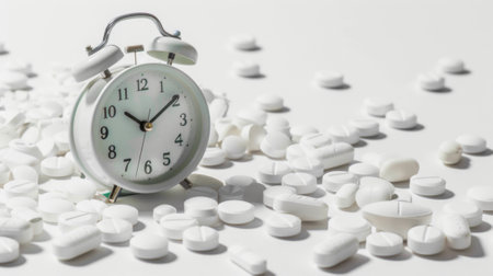 Classic alarm clock surrounded by white pills, representing medication time on a clean backdropの素材