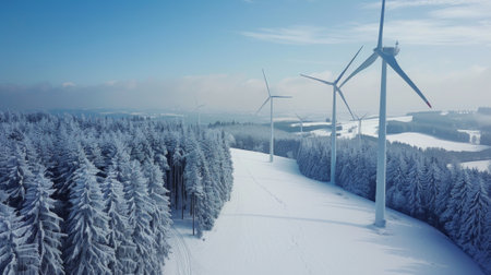 Snow covered wind turbines against a clear morning sky as daylight breaksの素材