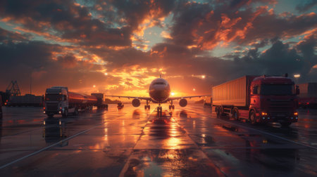 Airplane landing on a runway with trucks ready for loading or unloading in logistics and transportationの素材