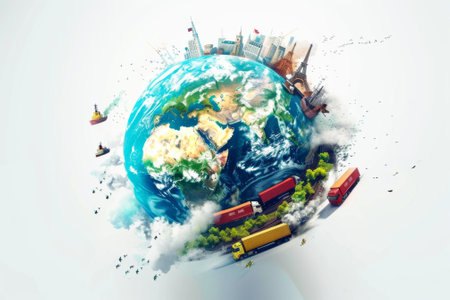 Famous landmarks around the world being traversed by trucks and boatsの素材