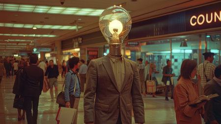 Man with a light bulb for a head stands in a busy shopping mallの素材