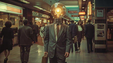 Man with a bright light bulb for a head walks through a bustling hallwayの素材