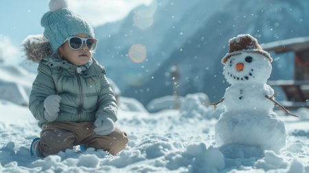 Small child enjoys playing in the snow with a snowman on a bright winter dayの素材