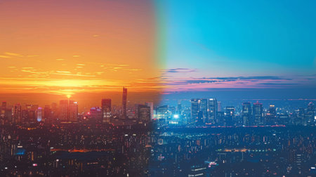 Cityscape divided by a bright orange sunset on one side and a cool blue night sky on the otherの素材