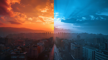 Cityscape divided by sunset and sunrise, displaying the contrast between day and night with vivid colorsの素材