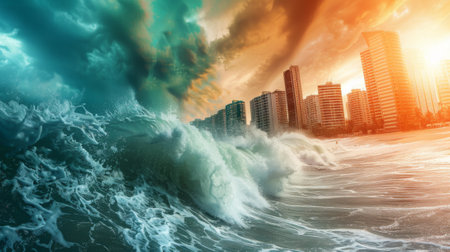 Captivating scene of a colossal wave hitting a coastal town, showcasing the awe inspiring force of natureの素材