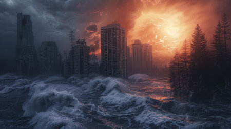 Giant wave destroying a city in a concept of natural disasterの素材
