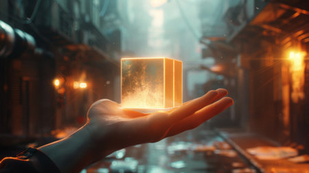 Person is holding a glowing cube in a futuristic city at nightの素材