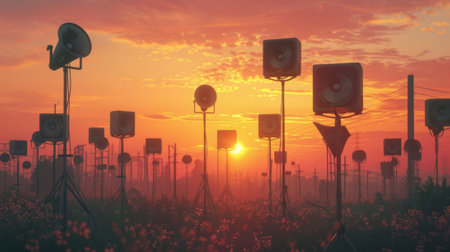 Many loudspeakers and megaphones standing in a field at sunsetの素材