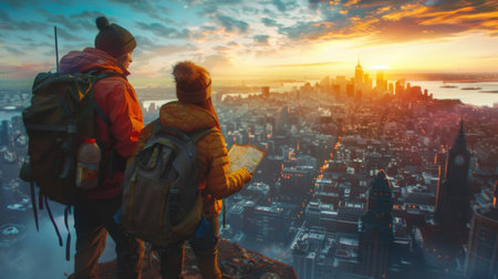Two travelers stand on a rooftop at sunrise, gazing at the new york city skyline while holding a mapの素材