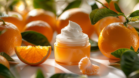 Orange face cream displayed on a white table with fresh oranges and leavesの素材