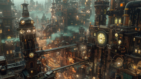 Complex steampunk city featuring towering clock towers and industrial buildings illuminated by warm, atmospheric lightの素材
