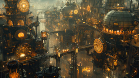 Complex steampunk city with illuminated clock towers and industrial structures connected by bridges at sunsetの素材