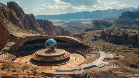 Modern amphitheater built into the red rocks of red rock canyon national park on a sunny day with a blue sky and cloudsの素材