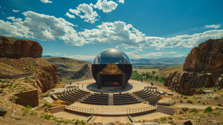 Natural red rock canyon is home to an amphitheater with a spherical stage that mirrors the skyの素材