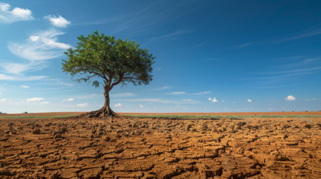 Lonely tree is standing on dry cracked earth, a symbol of resilience in the face of droughtの素材