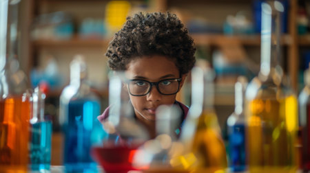 Young scientist is examining vibrant chemical reagents in a school labの素材