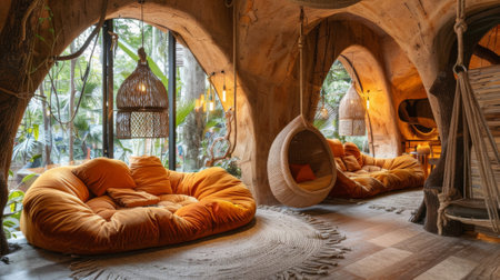 Inviting and cozy hotel lobby interior with rattan furniture and tropical plants creating a luxurious atmosphereの素材