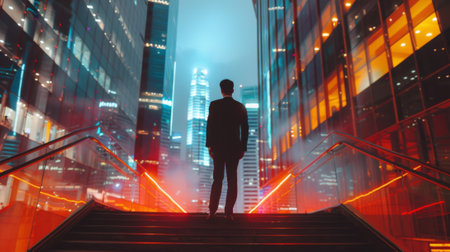 Businessman is standing on stairs and looking at illuminated modern buildings at nightの素材