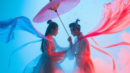 Pair of artists in traditional chinese attire performing a romantic scene with vibrant umbrellas and flowing silk garmentsの素材