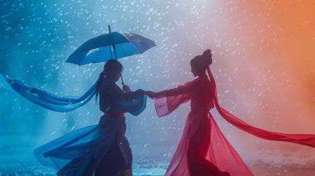 Two dancers in traditional chinese attire performing a dance in the rain with blue and red lightingの素材