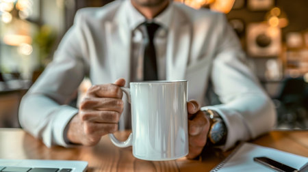 Businessman sitting in an office cafeteria holds a white mug in his handsの素材