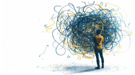 Businessman is perplexed by a complex web of problems and seeks a solutionの素材