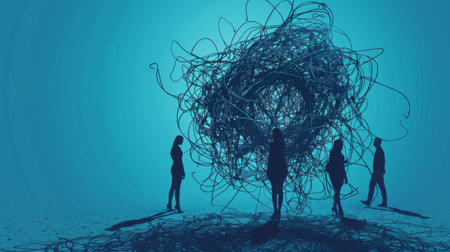 Business team grappling with a complex issue depicted by a jumble of tangled linesの素材
