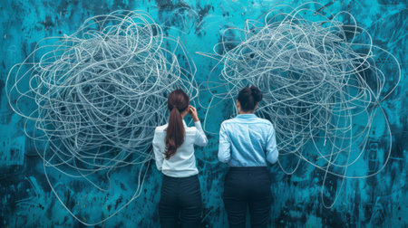 Two female entrepreneurs examining a large knotted rope on a blue wall, seeking a resolution to a complex challengeの素材