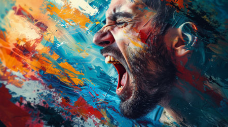 Colorfully painted man with beard screaming in artistic portraitの素材