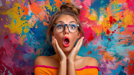 Astonished young woman with eyeglasses posing in front of a vibrant backdropの素材