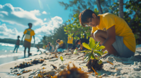 Volunteers planting new trees on a sunny beachの素材