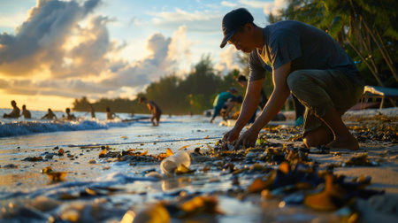Volunteer cleaning a beach full of garbage at sunset after a group of people leftの素材