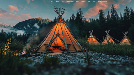 Teepees glowing in the twilight at a campsite nestled among forests and mountainsの素材