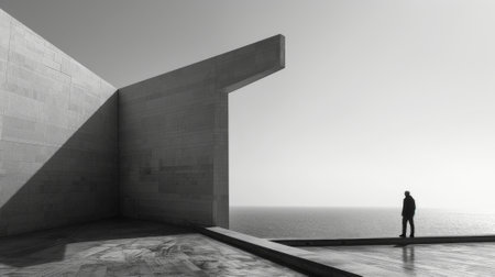 Architect admiring the sea from a modern buildings concrete esplanade on a sunny dayの素材