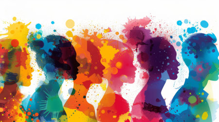 Silhouettes of a diverse group of individuals with vibrant paint splatters symbolizing uniqueness and unityの素材