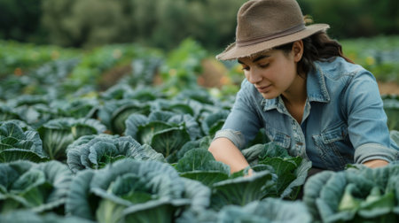 Young female farmer examining cabbage plants growing in her vegetable gardenの素材