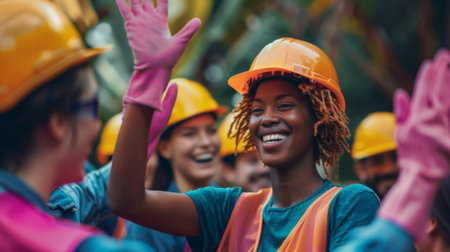 Multicultural construction crew in safety gear exchanging high fives to celebrate accomplishments at the construction siteの素材