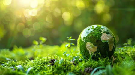 Miniature earth globe covered in lush greenery symbolizes environmental awareness and sustainabilityの素材