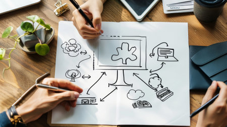 Business team planning a project and drawing a flowchart during a meetingの素材