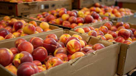 Freshly picked ripe peaches overflowing from cardboard boxesの素材