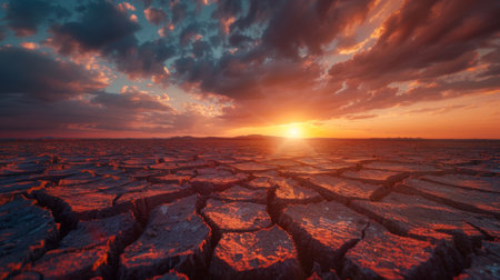 Captivating sunset casting light on a dry and cracked terrain, representing the destructive effects of extreme droughtの素材
