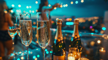 Two champagne glasses sparkling on a table during a rooftop party with blurry city lights in the backgroundの素材