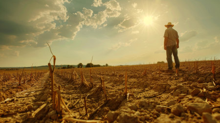 Farmer inspecting his parched cornfield after a period of droughtの素材