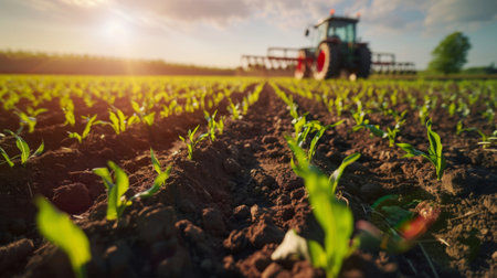 Young corn plants growing in rows on fertile soil on a field with a tractor working in backgroundの素材
