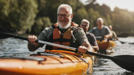 Senior man is smiling while kayaking with friends on a sunny dayの素材