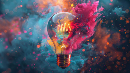 Burst of vibrant, creative colors radiates from a light bulb, representing inventive conceptsの素材