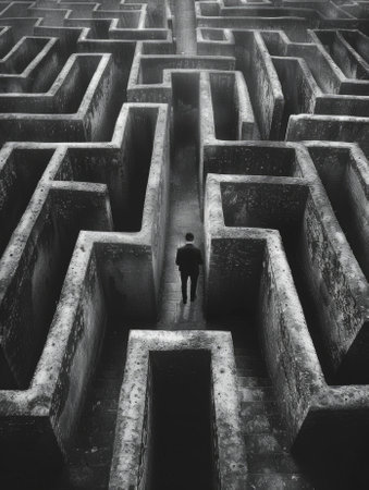 Lone businessman navigating a large concrete labyrinthの素材