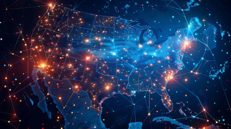 Futuristic united states map with illuminated dots and lines depicting data transfer and telecommunicationの素材